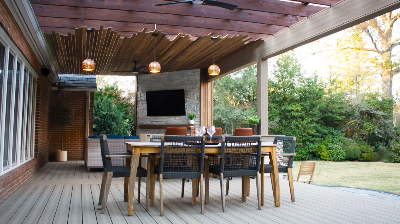 Luxurious covered deck with dining area and outdoor entertainment space